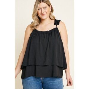 Hayden Black Pleated Ruffle Strap Tiered Tank Top